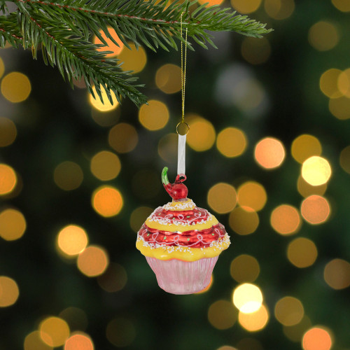 3" Red and Yellow Cupcake with Cherry Glass Christmas Ornament