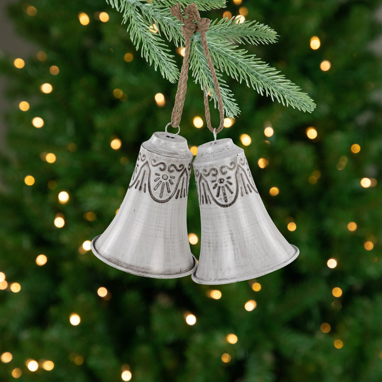 Embossed Bells Christmas Ornaments - 6" - White - Set of 2