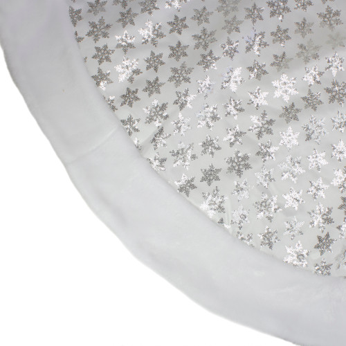 60" White and Silver Sequin Snowflake Christmas Tree Skirt with Faux Fur Border