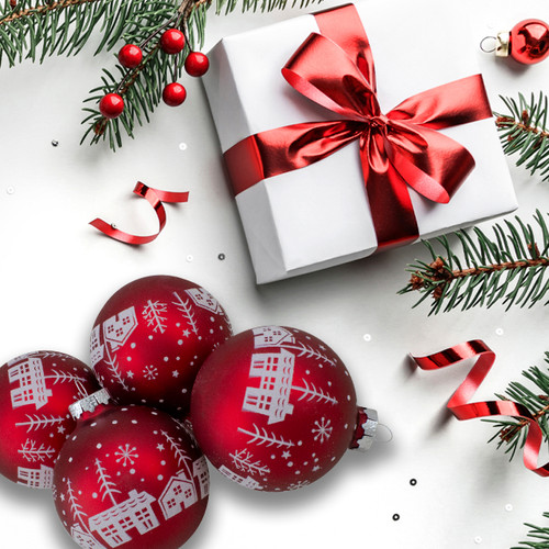 Matte Glass City Scene Christmas Ball Ornaments - 3.25" (80mm) - Red - Set of 4