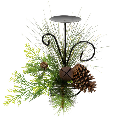 Pine Cones and Jingle Bell Christmas Pillar Candle Holder - 10"