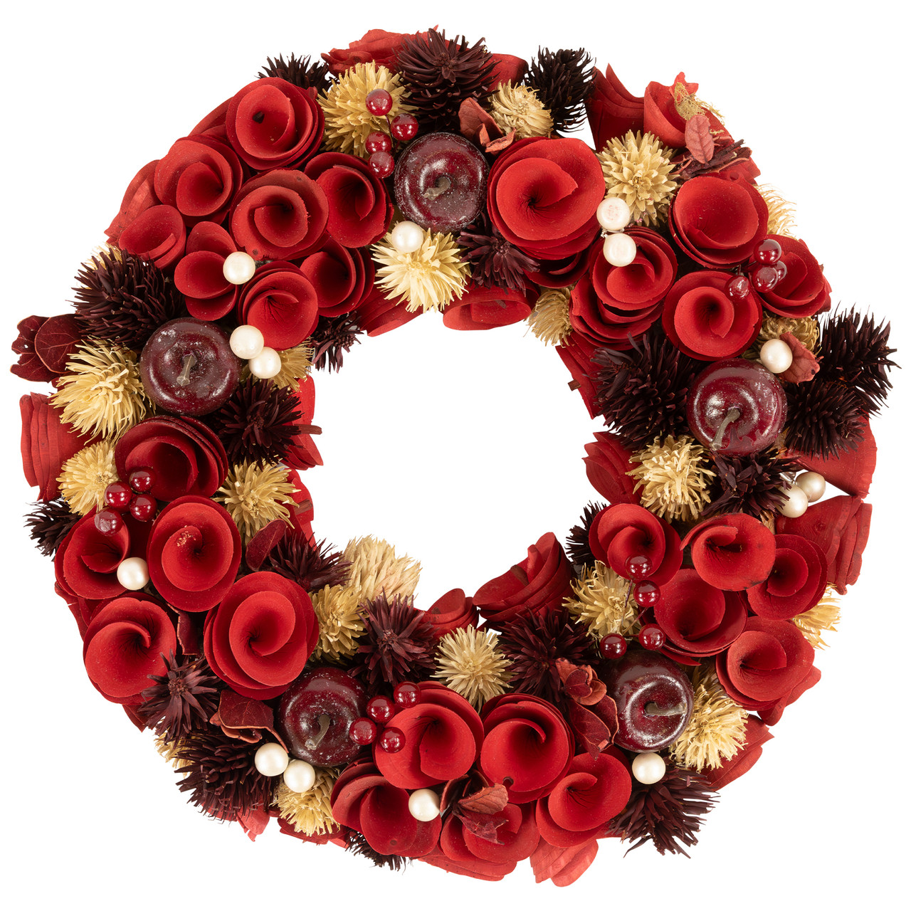 Wooden Roses, Apples and Pearls Artificial Christmas Wreath - 13" - Unlit - Red