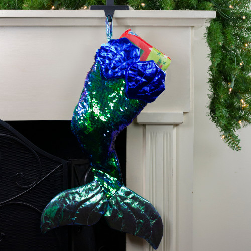 24" Green and Black Sequined Iridescent Mermaid Christmas Stocking