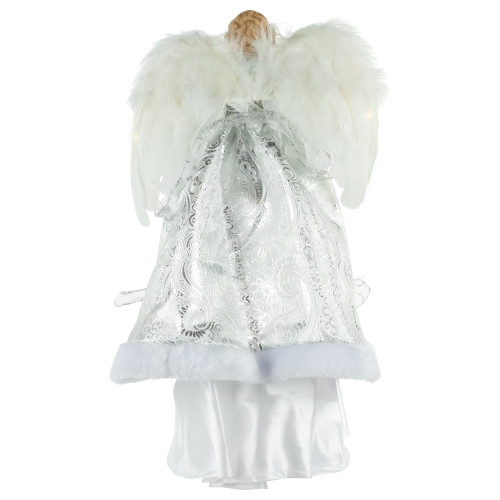 18" Lighted White and Silver Angel in a Dress Christmas Tree Topper - Warm White Lights