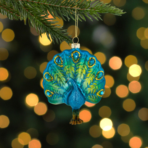 4.5" Blue and Green Peacock Glass Christmas Ornament