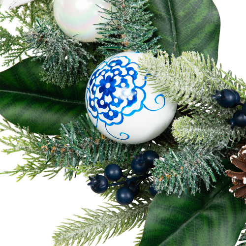 Frosted Pine with Blueberries, Bows and Ornaments Christmas Wreath - 24" - Unlit