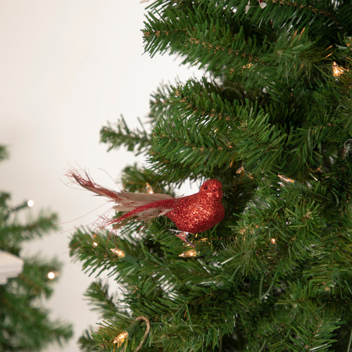 Glittered Bird with Feather Tail Christmas Clip Ornament - 7" - Red