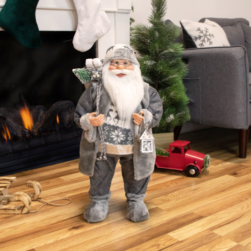 24" Gray and White Santa Claus with Lantern Christmas Figure