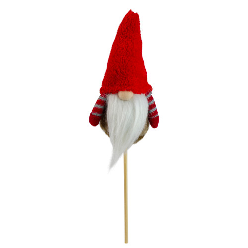 11.5" Tiny Gray Faux Fur Santa Gnome with Red Hat and Striped Arms on a Stick Christmas Decoration