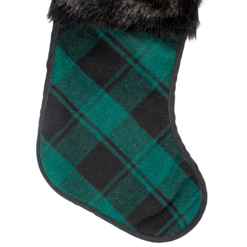 19" Green and Black Plaid Christmas Stocking with Faux Fur