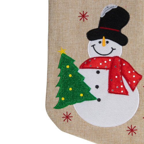 19" Burlap Standing Snowman With a Tree and Snowflakes Christmas Stocking