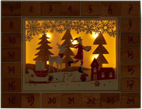 BRUBAKER Reusable Wooden Advent Calendar to Fill - Santa Claus in the Forest with LED Lighting - DIY Christmas Calendar 13.98 x 2.36 x 10.63 inches