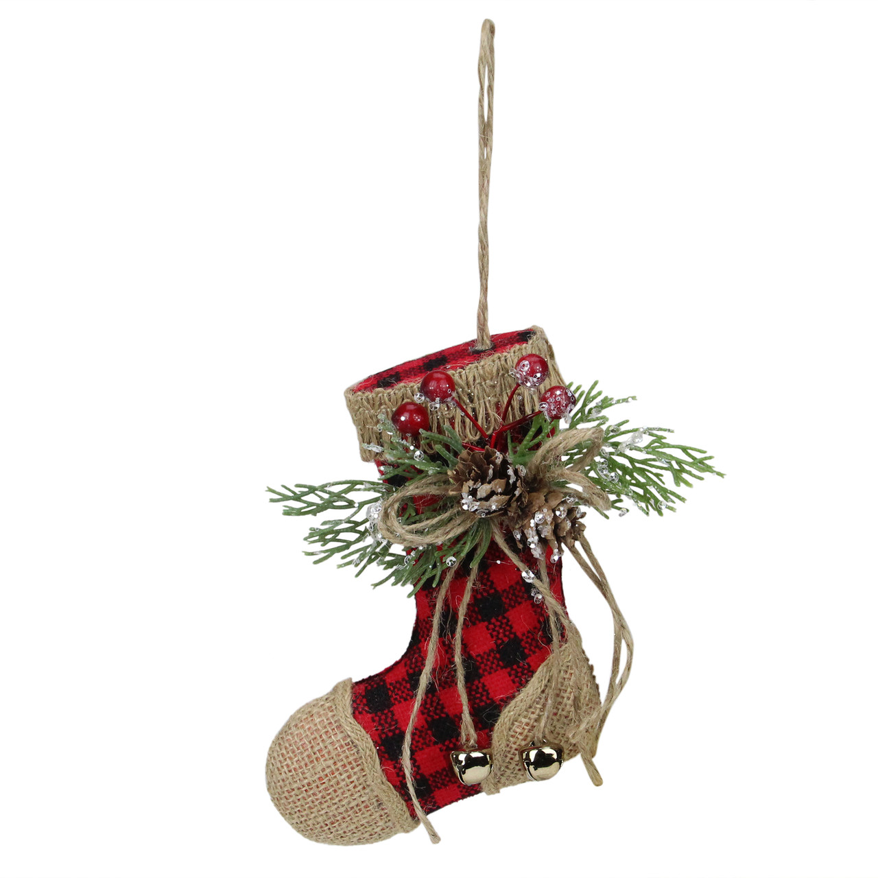 5.75" Red Plaid and Burlap Christmas Stocking Ornament