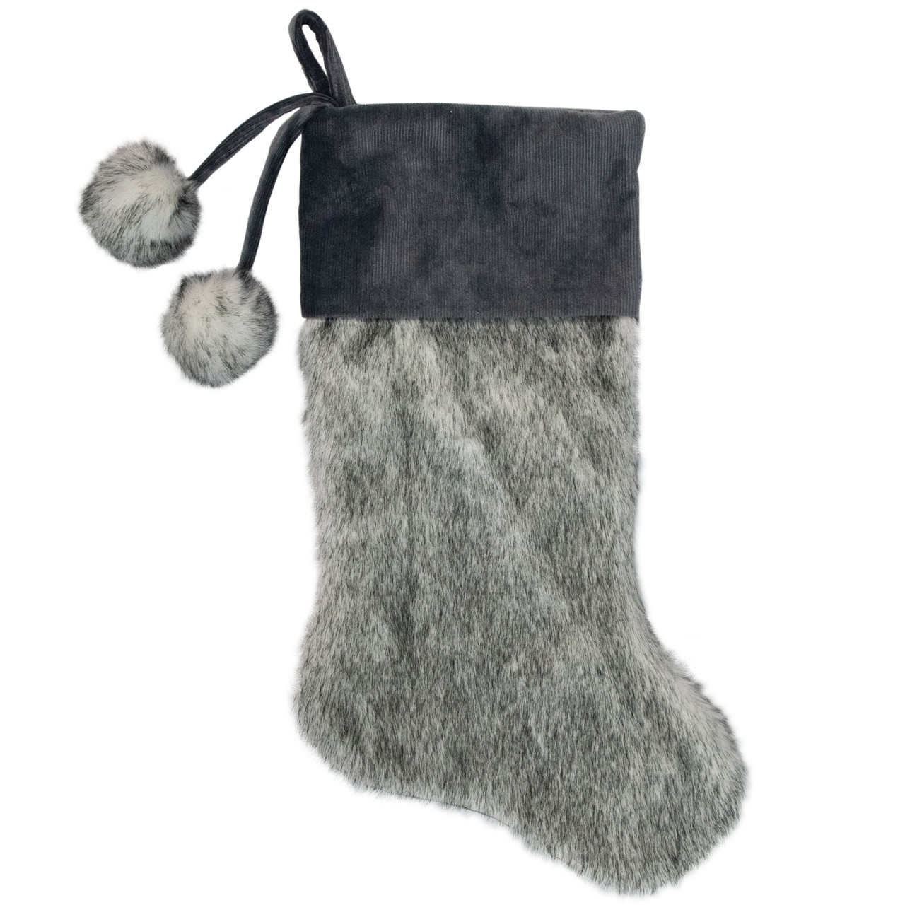 20.5-Inch Gray Faux Fur Christmas Stocking with Corduroy Cuff and Pom Poms