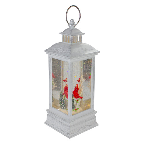 Brushed Christmas Cardinals Snow Globe Lantern - 11" - White and Silver