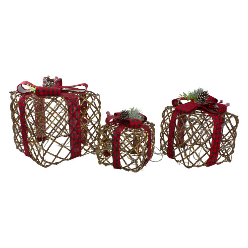 Lighted Rattan Christmas Gift Boxes with Pinecones - LED Warm White - Set of 3