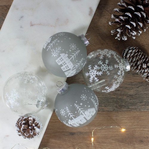 4 ct Gray and Clear Glass Ball Hanging Christmas Ornaments 3.25-Inch (80mm)
