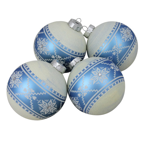 4ct Blue and White Nordic Fair Isle Glass Ball Christmas Ornaments 4-Inch