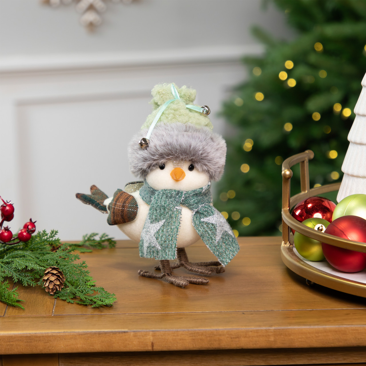 Standing Baby Bird with Plush Hat Christmas Figurine - 7"