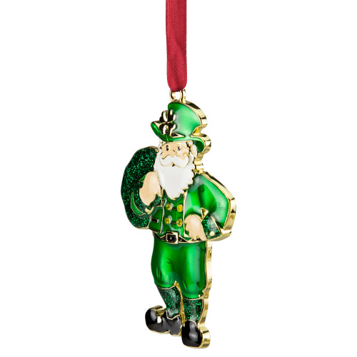 3.5" Green Brass-Plated Irish Santa Christmas Ornament with European Crystals