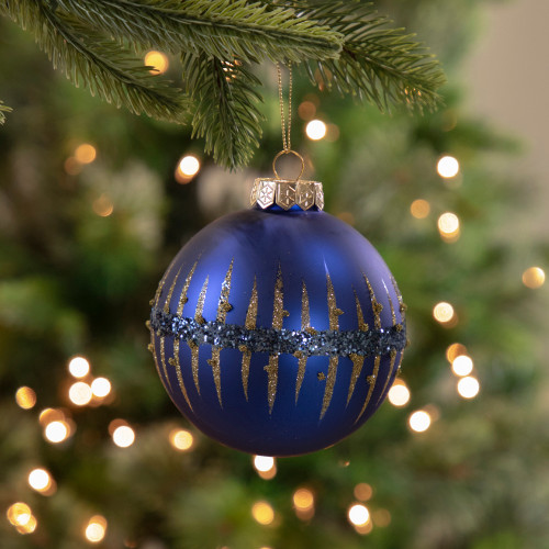 4" Blue and Gold Glitter Glass Ball Christmas Ornament