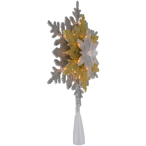 13.75" Lighted Gold and Silver Snowflake Christmas Tree Topper, Clear Lights