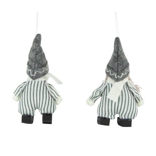 Set of 2 Gray and White Striped Plush Twin Gnomes Christmas Ornaments 5.5"