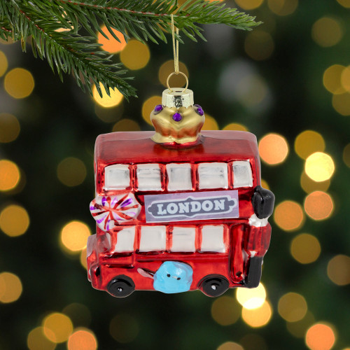 3.5" Double-Decker Bus Glass Christmas Ornament