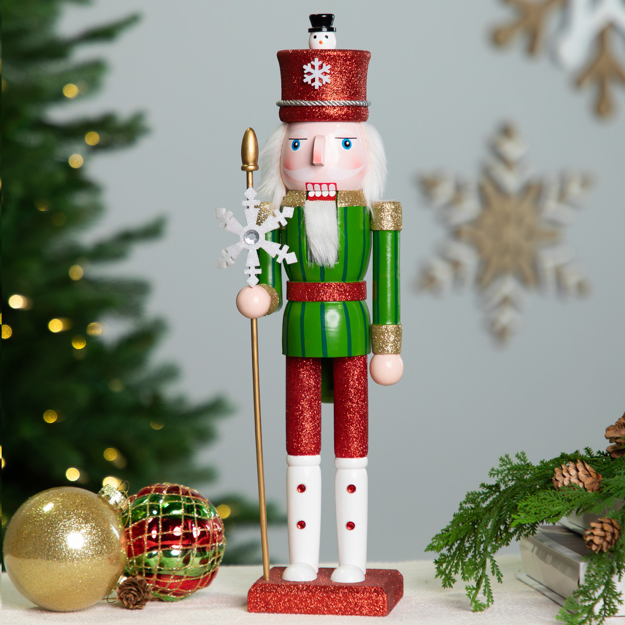Glittered Nutcracker with Snowflake Scepter Christmas Figure - 15" - Red and Green