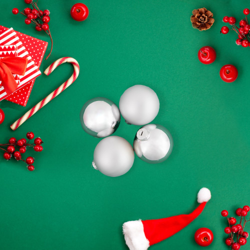 6ct Silver 2-Finish Christmas Glass Ball Ornaments 3.25"