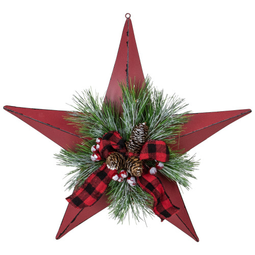 17" Red distressed 5 point Christmas Star With Plaid Ribbon with Artificial Pine