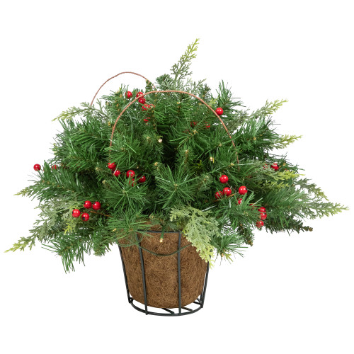 LED Lighted Red Berries and Mixed Pine Hanging Christmas Basket - 18"