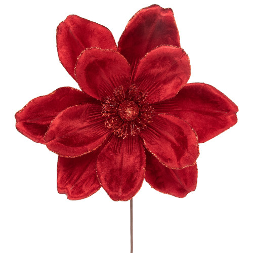 20" Glittered Red Velvet Magnolia Christmas Stem Spray