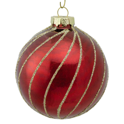 4ct Burgundy Red and Gold Glitter Striped Glass Christmas Ball Ornaments 3" (76mm)