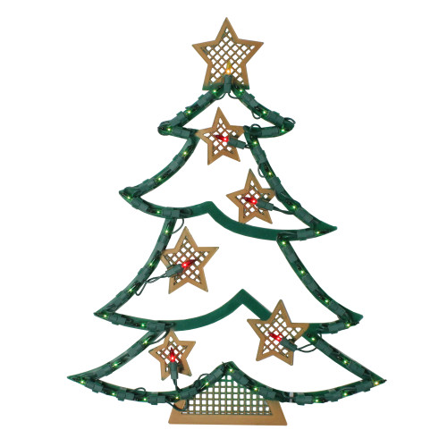 17.75" Lighted Green and Gold Christmas Tree with Stars Outdoor Window Silhouette