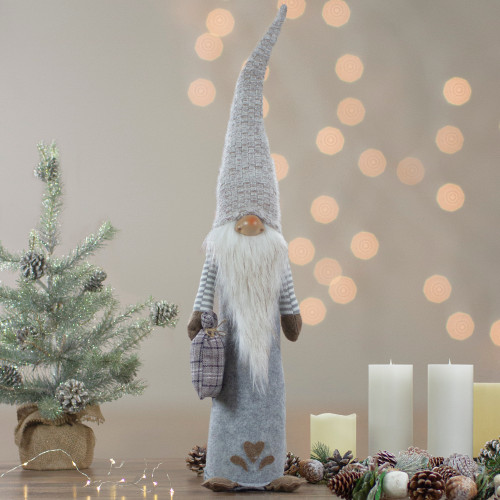 Boy Gnome with Plaid Toy Sack Christmas Figure - 23" - Gray and Brown
