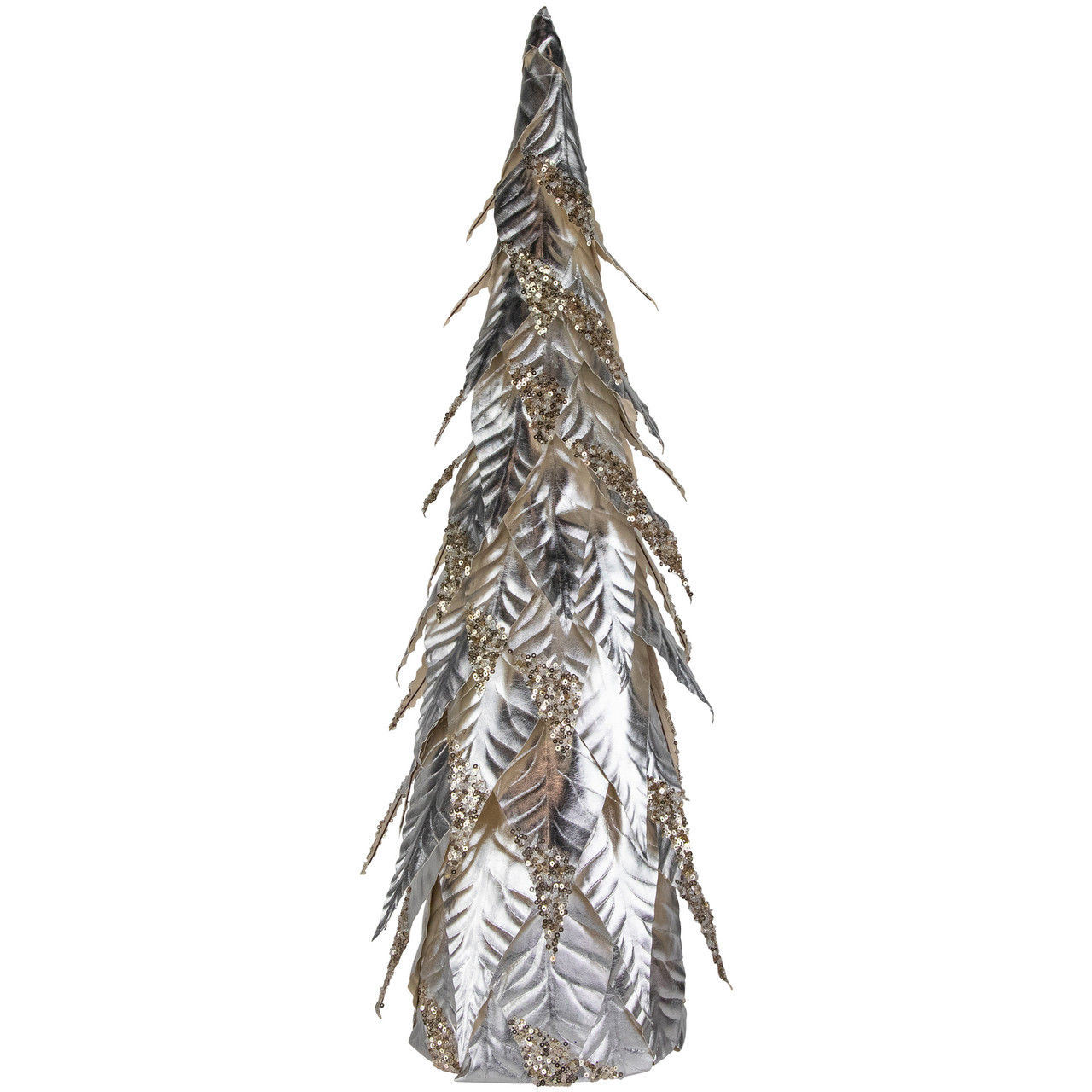 Sequined Layered Leaves Christmas Cone Tree - 26" - Platinum and Champagne Finish