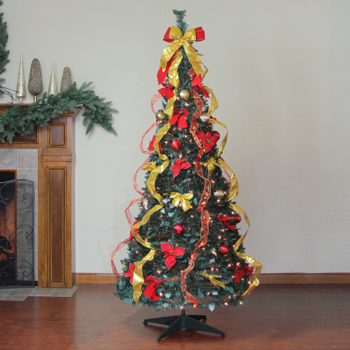 6' Pre-Lit Gold and Red Pre-Decorated Pop-Up Artificial Christmas Tree, Clear Lights