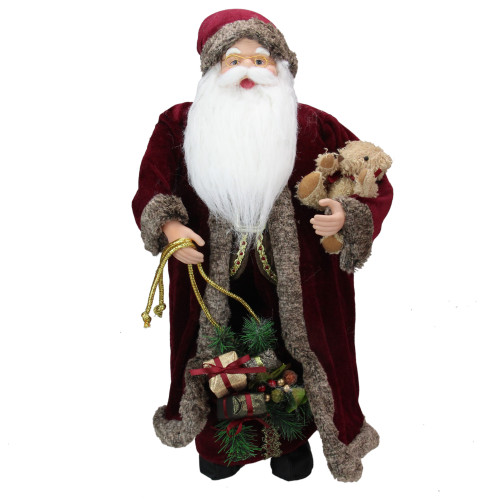 24" Burgundy Santa Claus with Teddy Bear Christmas Figure