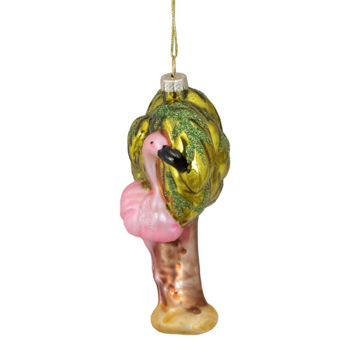 4" Pink Flamingo with Palm Tree Glass Christmas Ornament