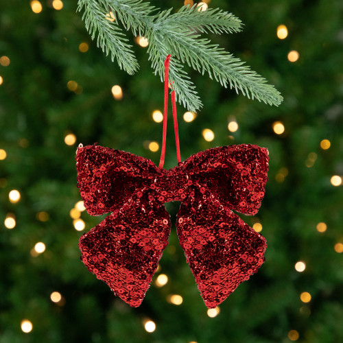 Shimmering Sequin Bow Christmas Hanging Ornament - 6" - Red