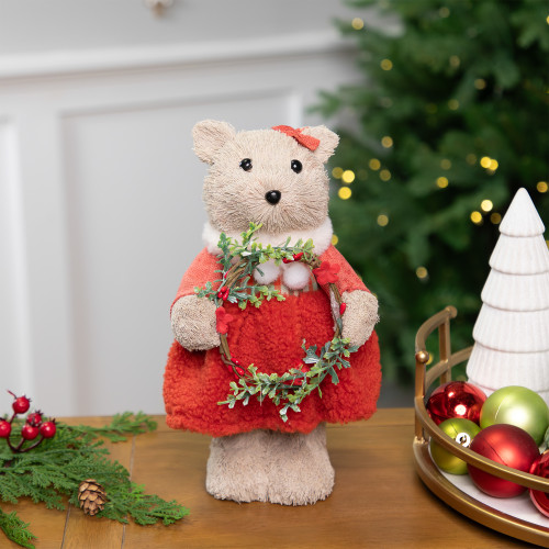 Woodland Girl Bear Holding Wreath Christmas Figure -  10"