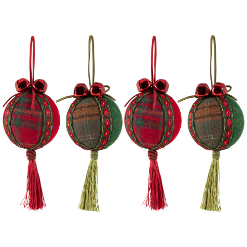 Jingle Bells and Tassels Christmas Ball Ornaments - 2.75" - Set of 4 - Green and Red