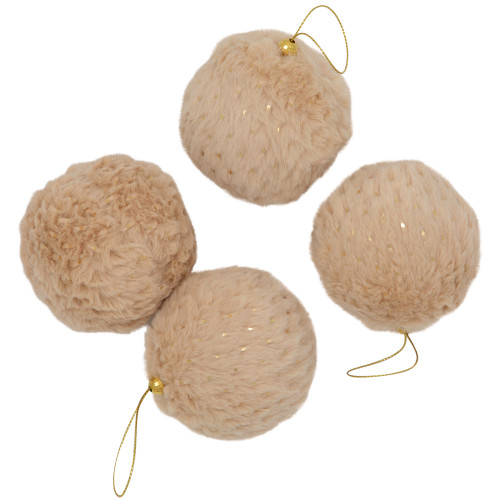 Faux Fur and Sequin Christmas Ball Ornaments - 2.75" - Beige - Set of 4