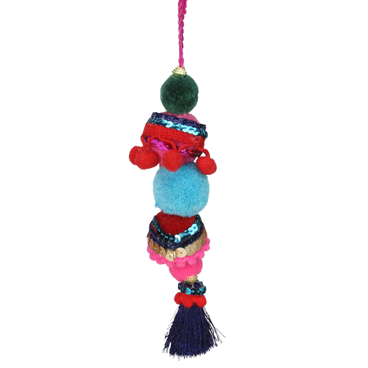 6.25" Blue and Red Bohemian Christmas Pom Pom Ornament
