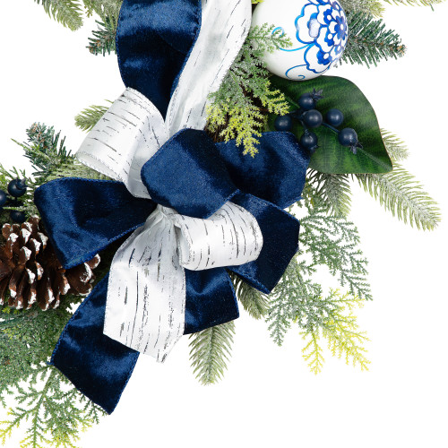 Frosted Pine with Blueberries, Bows and Ornaments Christmas Wreath - 24" - Unlit