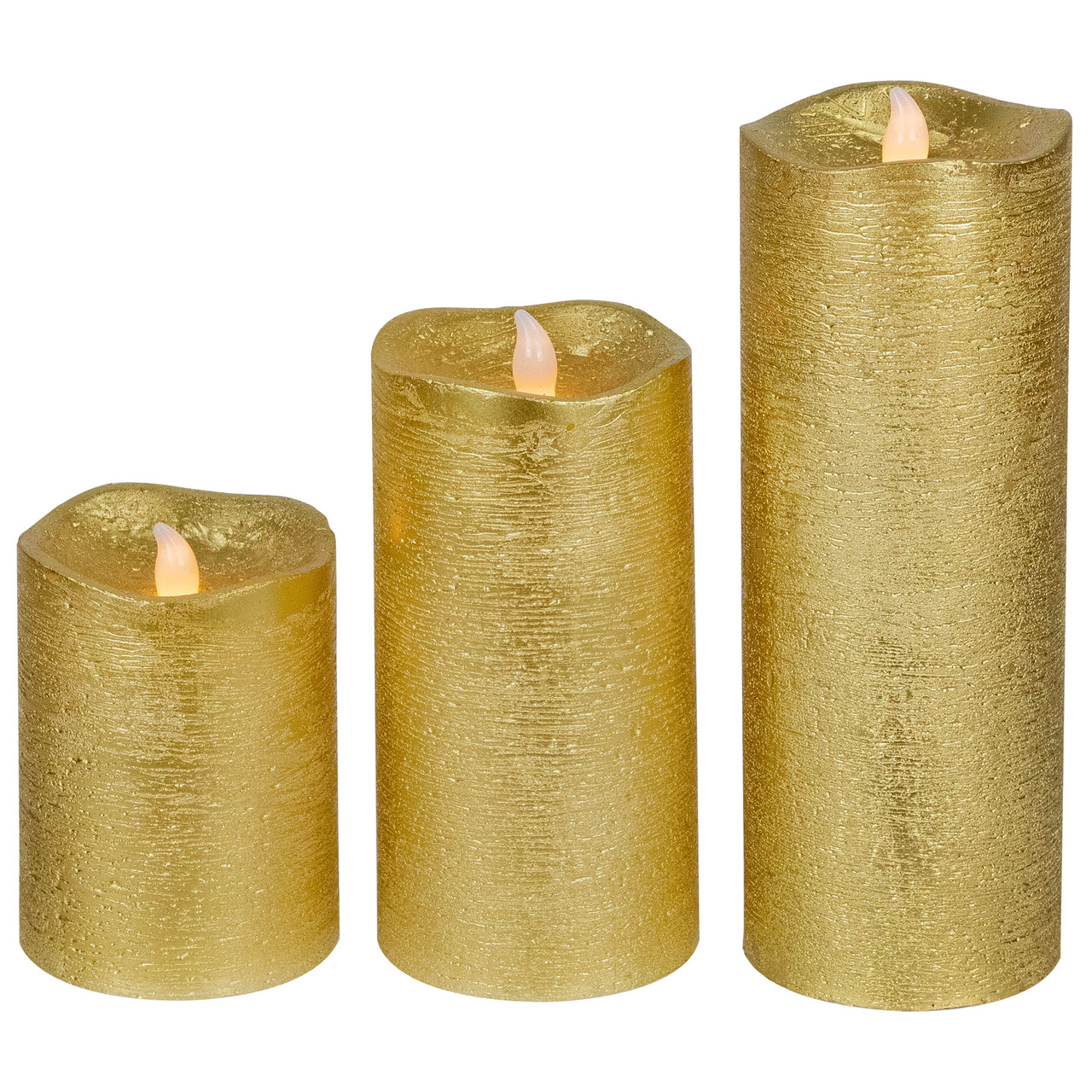 LED Brushed Flameless Christmas Pillar Candles - 8" - Gold Finish - Set of 3