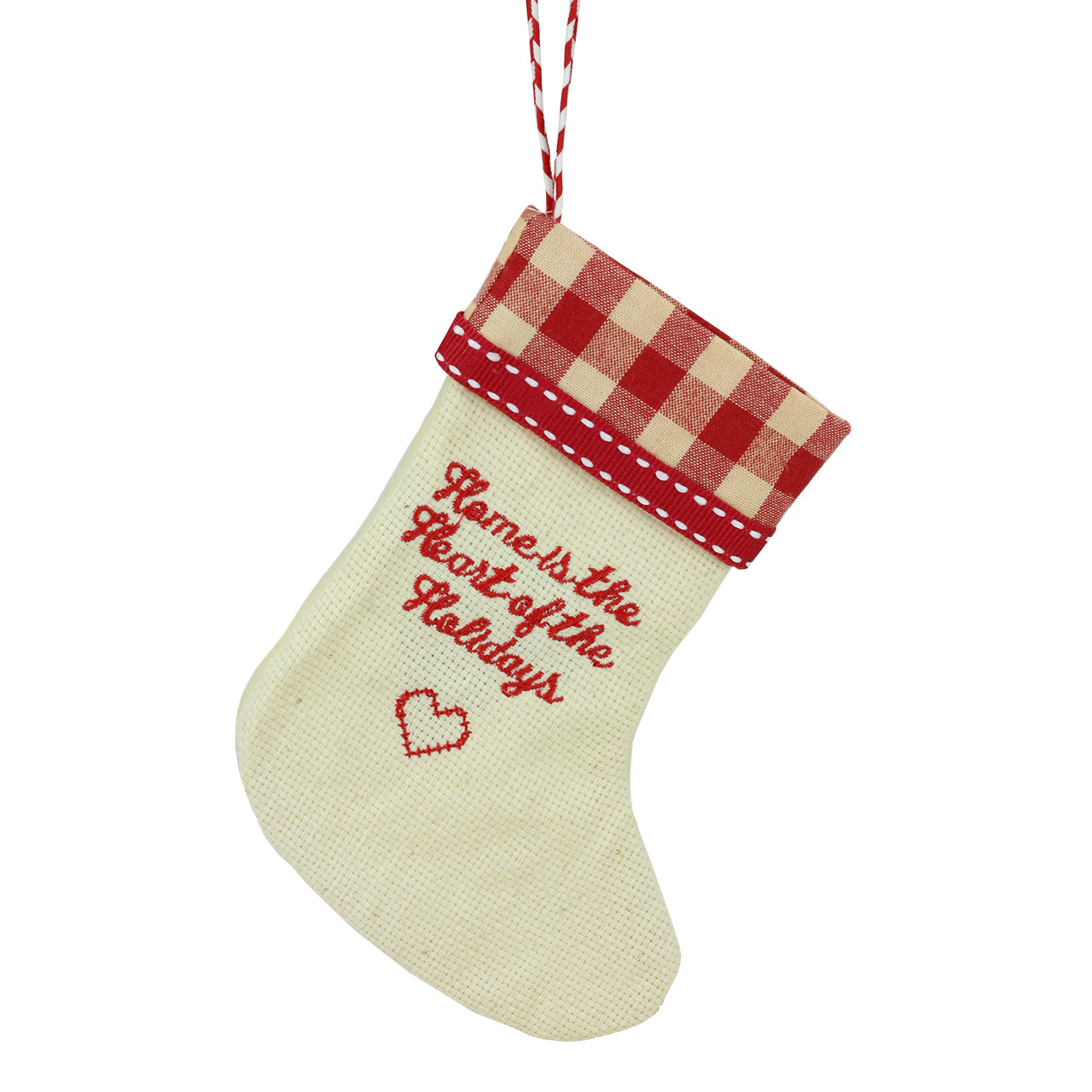 6.5" Tan and Red Embroidered Heart Stocking with Gingham Cuff Christmas Ornament