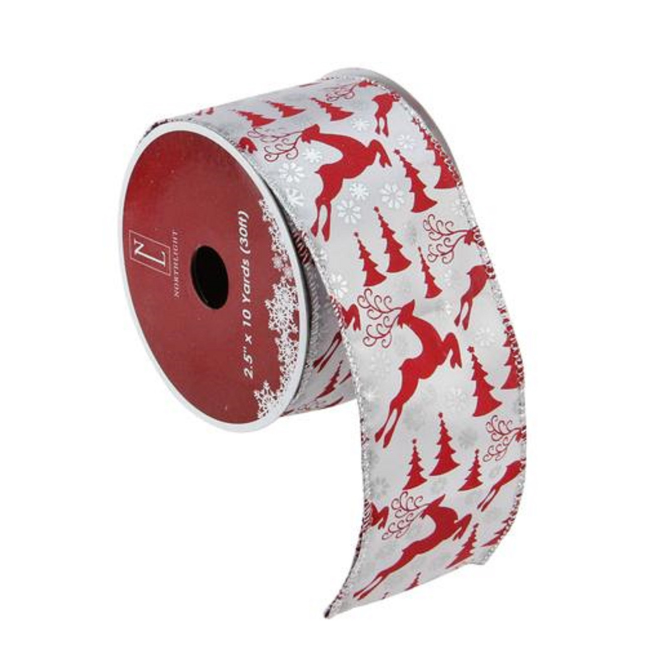 Silver and Red Flying Reindeer Wired Christmas Craft Ribbon 2.5" x 10 Yards