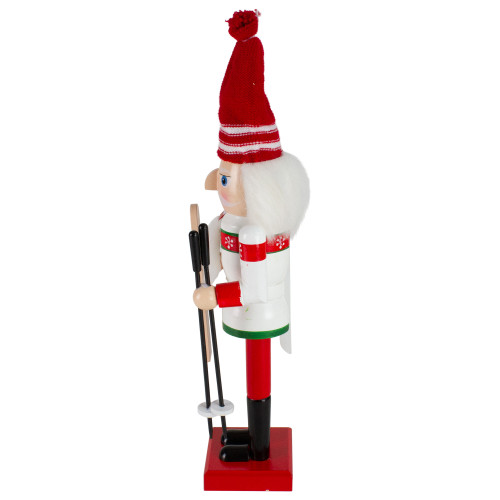 14" Red and White Wooden Skiing Christmas Nutcracker